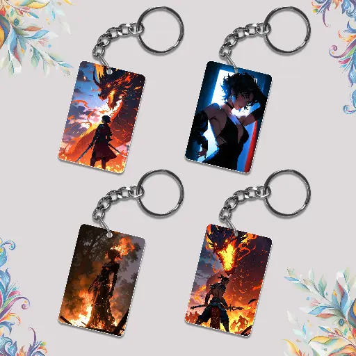 Premium (Pack of 4) Anime Printed Keychain For Bike, Scooty, Car, MDF Keychain.