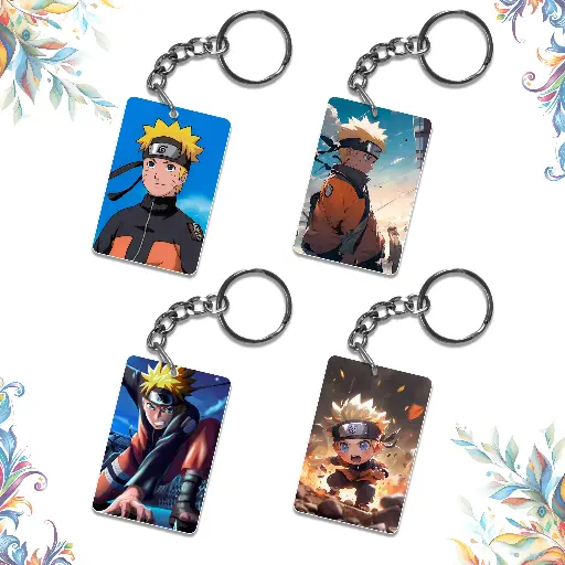 MDF Premium (Pack of 4) Anime Printed Long Keychain For Bike, Scooty, Car, Acrylic Keyholder (Naruto)